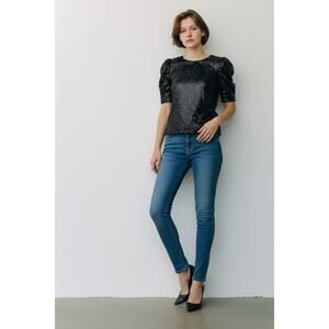 NWT black sequin puff sleeve glam party top blouse top small $76